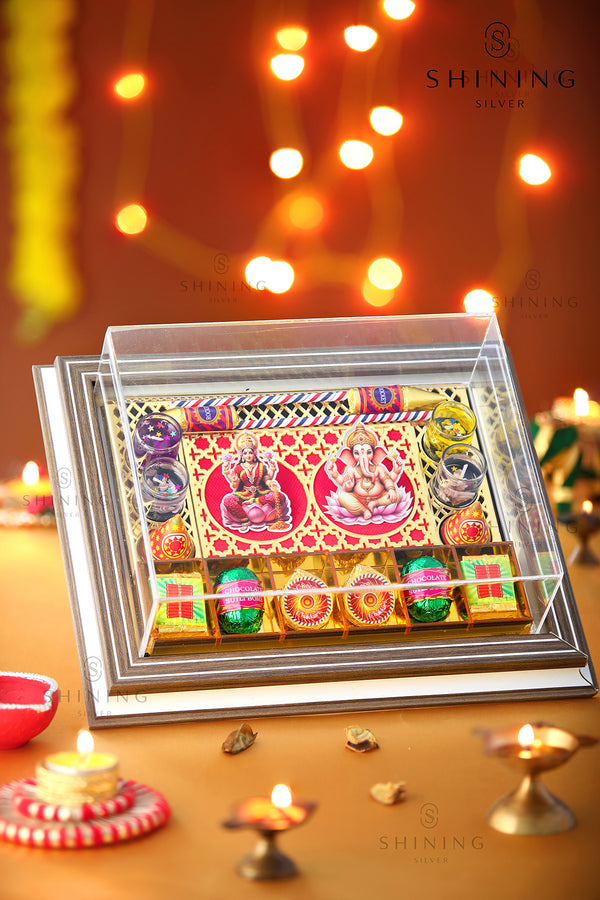 999 Pure Silver Laxmi Ganesh Gift With Eatable Cracker Chocolates