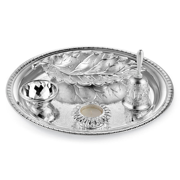 Pooja Thali With Bowl, Candle, Bell & Leaf Tray