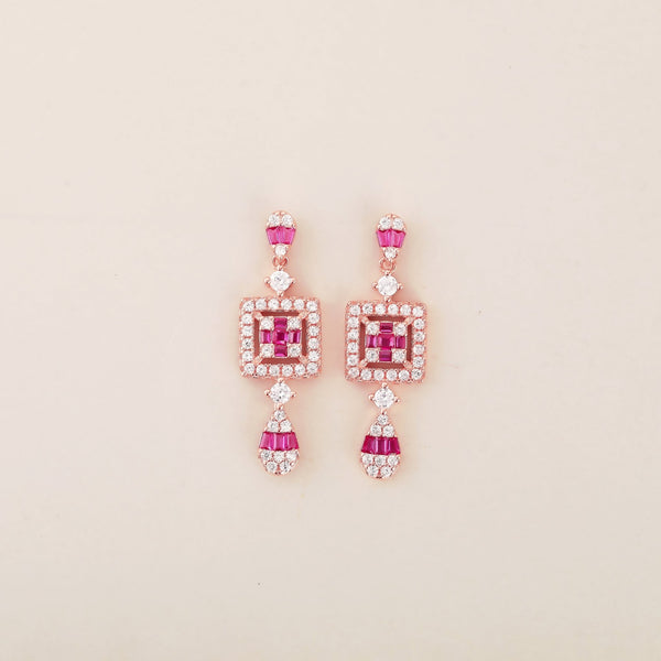 Ruby Radiance: Rose Gold Dangling Earrings with Square Design and Ruby Accents - Shining Silver.in