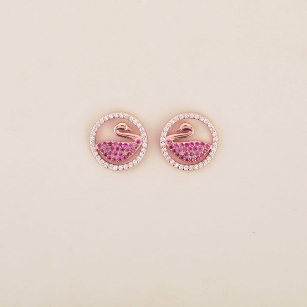 Serenity Swan Symphony: Rose Gold-Plated 925 Sterling Silver Earrings Studded with Rubies - Shining Silver.in