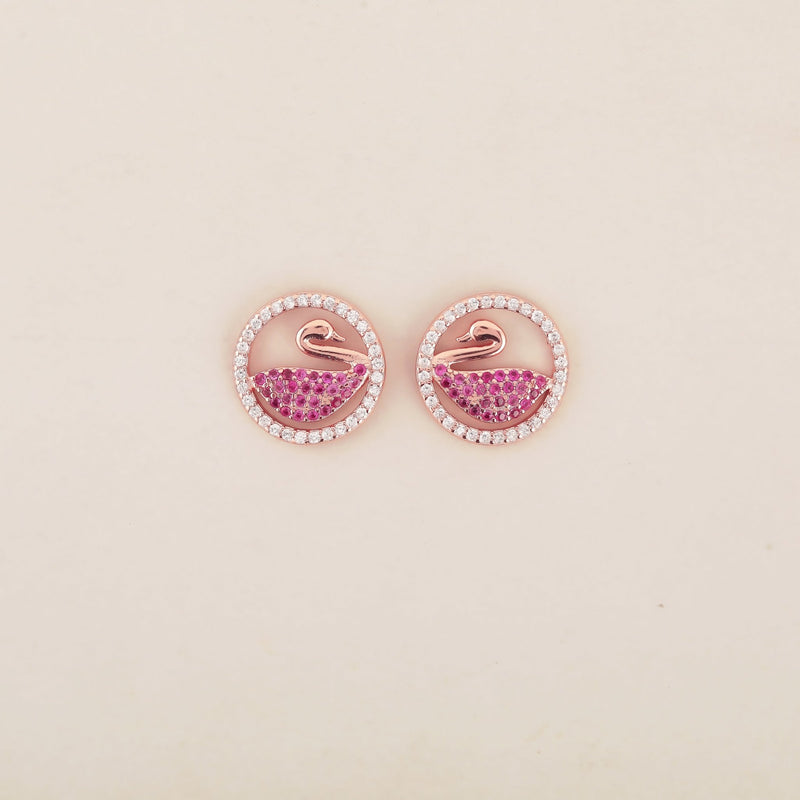 Serenity Swan Symphony: Rose Gold-Plated 925 Sterling Silver Earrings Studded with Rubies - Shining Silver.in