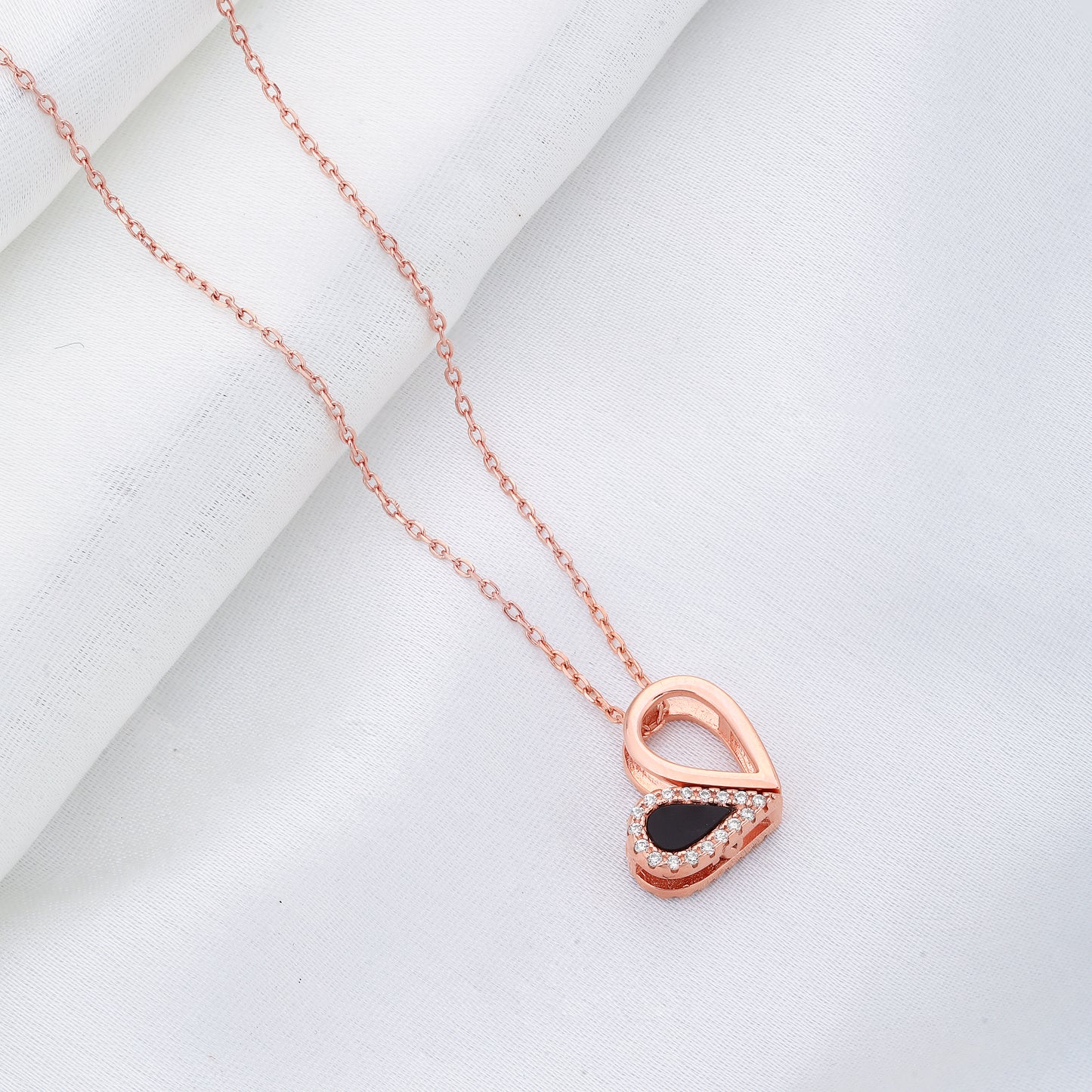 Black Stone Pendent With Link Chain- 925 Rosegold Plated Silver