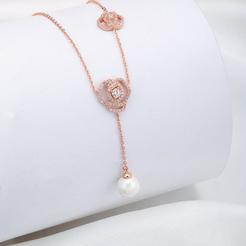 Rose And Pearl Fusion Necklace- 925 Rosegold Plated Silver