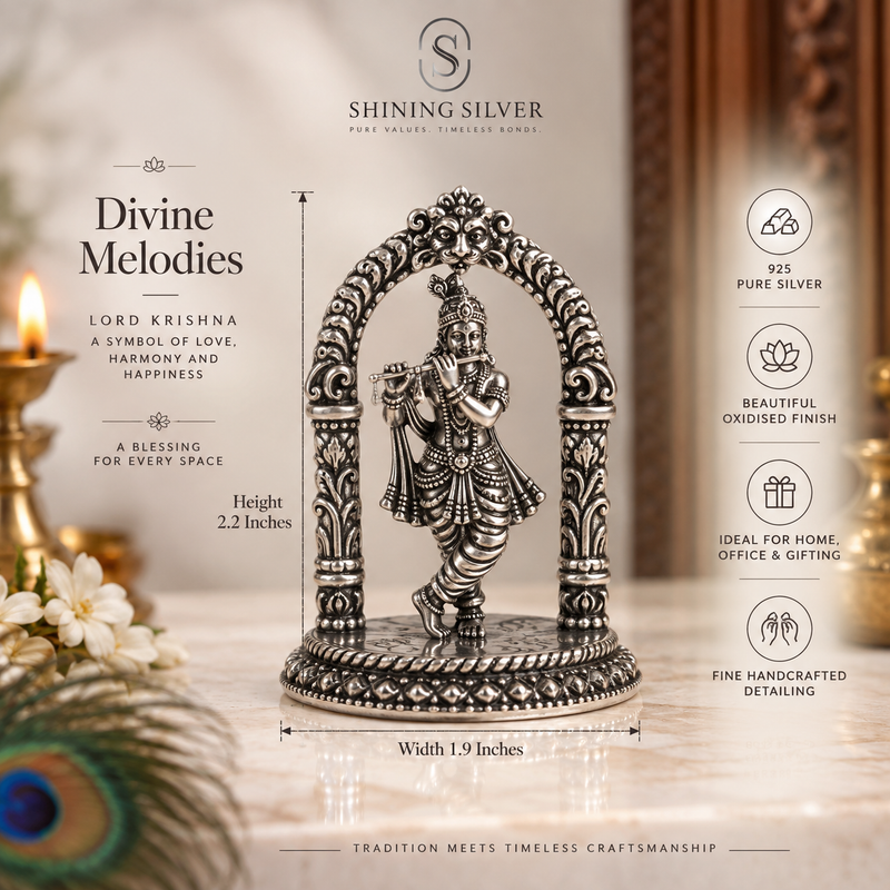 SHINING’s 925 Pure Silver Krishna Solid Idol | Oxidised Silver Krishna Murti