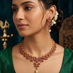 Antique Ruby Necklace in Gold Plating | 925 Pure Silver