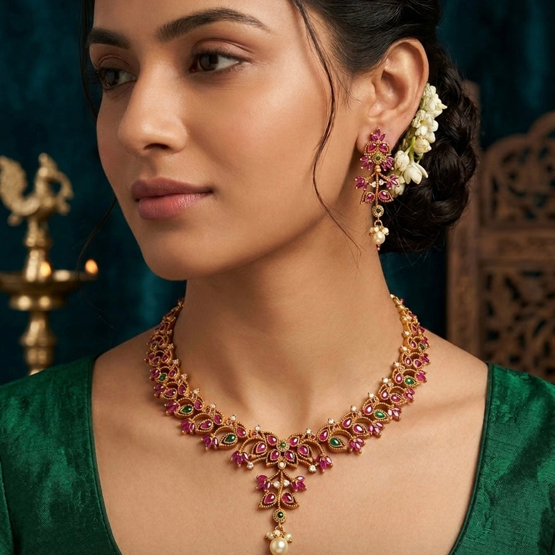 Antique Ruby Necklace in Gold Plating | 925 Pure Silver