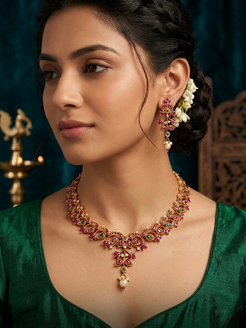 SHINING’s Antique Ruby Necklace in Gold Plating | 925 Pure Silver