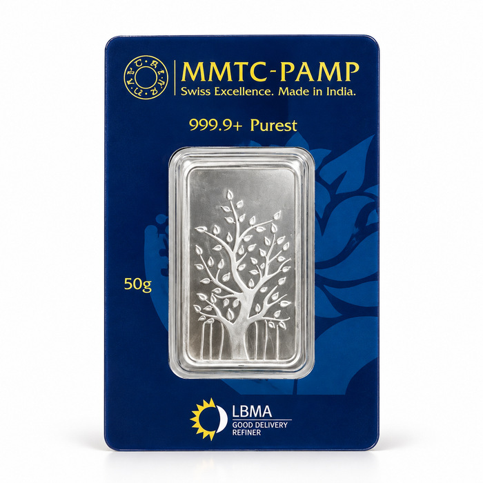 SHINING’s MMTC-PAMP 50 Gram 999.9 Pure Silver Bar with Banyan Tree Design