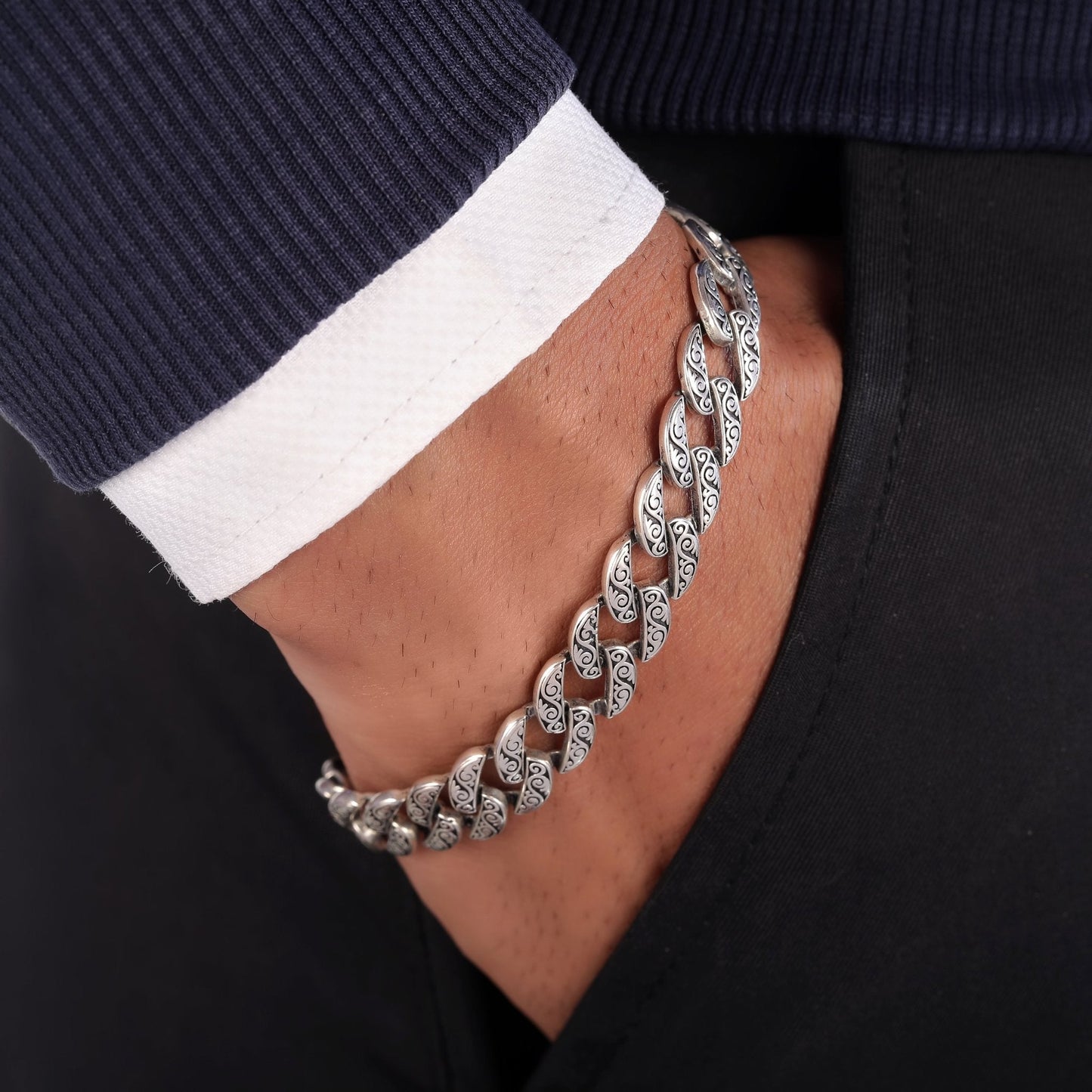 925 Silver Engraved Curb Indonesian Bracelet For Men - Shining Silver.in