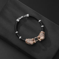 925 Sterling Silver Lion Face Leather Bracelet - Shining Silver.in