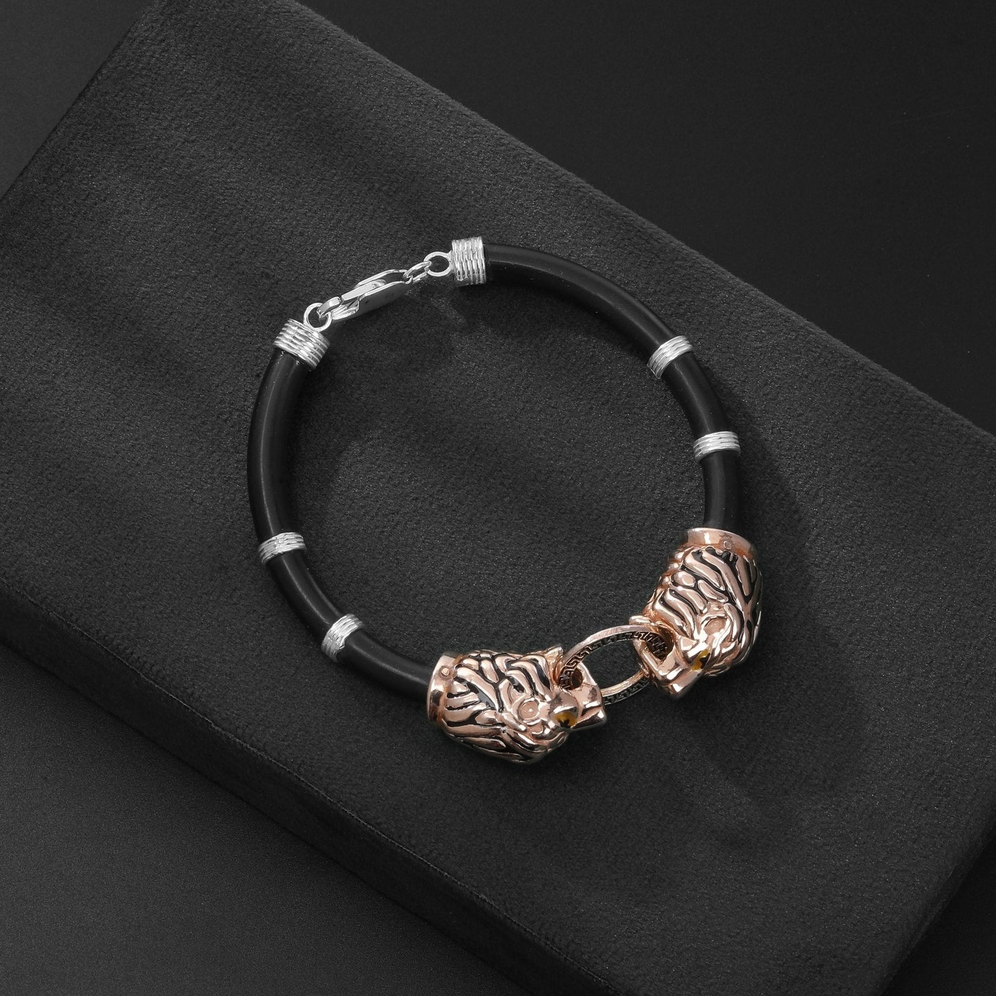 925 Sterling Silver Lion Face Leather Bracelet - Shining Silver.in