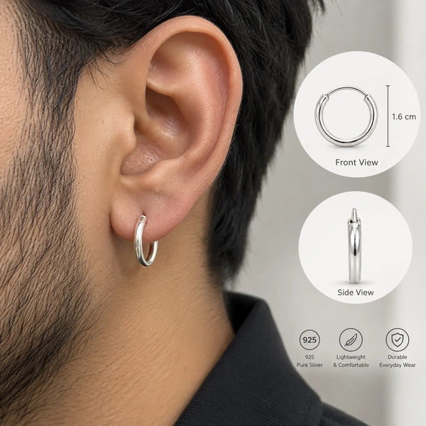 shiningsilver.in Silver Men Bali, A close-up of a man's ear wearing a small silver hoop earring, with circular inset diagrams showing the front and side views of the earring and feature icons for 925 pure silver, lightweight comfort, and everyday wear.