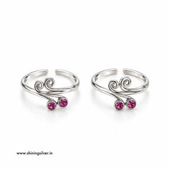 925 pure silver pink stone toerings pair for women. 925 silver toerings, pink stone silver toerings, silver bichiya, 925 silver bichiya, silver toe rings for women, adjustable silver toerings, silver toerings online India, traditional silver toe rings