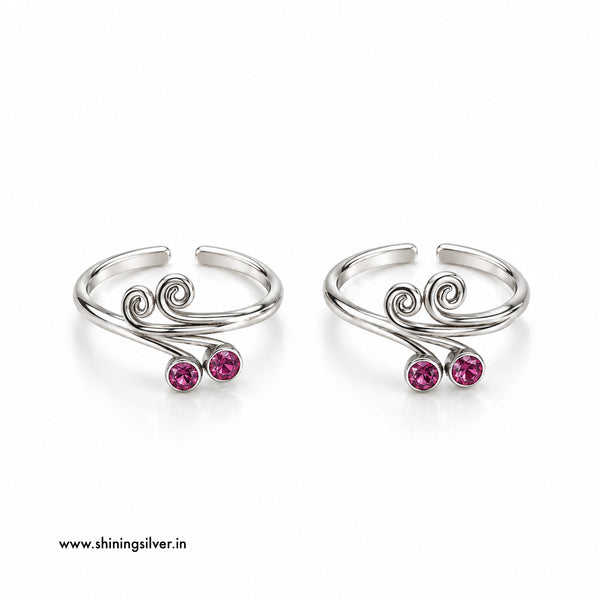925 pure silver pink stone toerings pair for women. 925 silver toerings, pink stone silver toerings, silver bichiya, 925 silver bichiya, silver toe rings for women, adjustable silver toerings, silver toerings online India, traditional silver toe rings