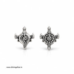 925 sterling silver Shankha and Chakra mismatched earrings with oxidised finish, spiritual Hindu jewellery inspired by Lord Vishnu, by Shining Silver