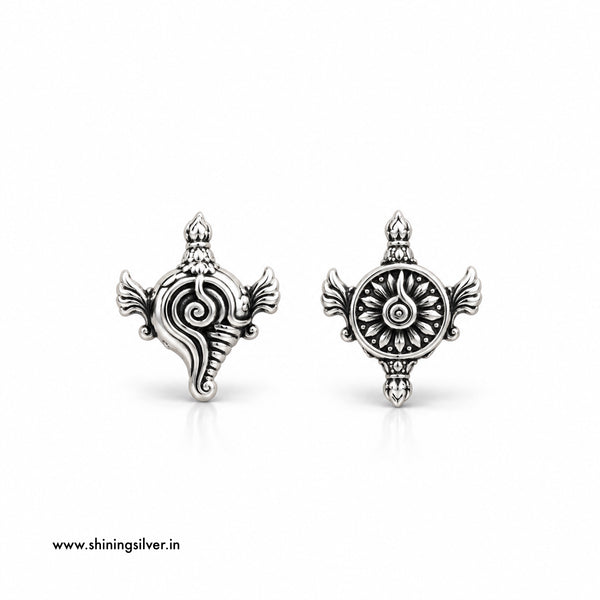 925 sterling silver Shankha and Chakra mismatched earrings with oxidised finish, spiritual Hindu jewellery inspired by Lord Vishnu, by Shining Silver