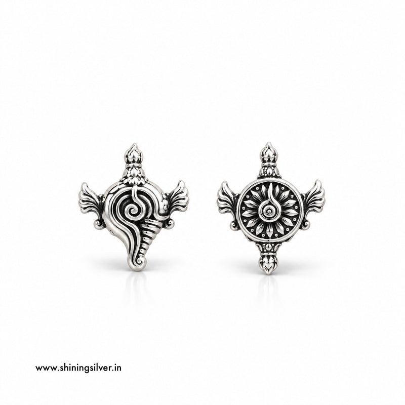 925 sterling silver Shankha and Chakra mismatched earrings with oxidised finish, spiritual Hindu jewellery inspired by Lord Vishnu, by Shining Silver