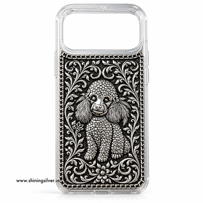 A clear smartphone case featuring an embossed black-and-silver poodle design surrounded by ornate floral scrollwork, shown on a white background.