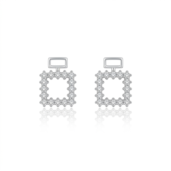 Pair of silver earrings with square designs on a white background