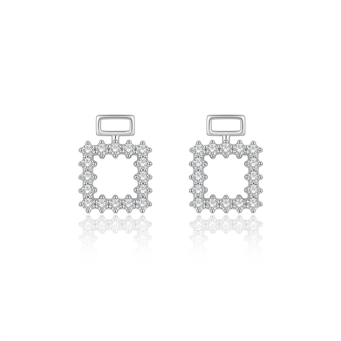 Pair of silver earrings with square designs on a white background