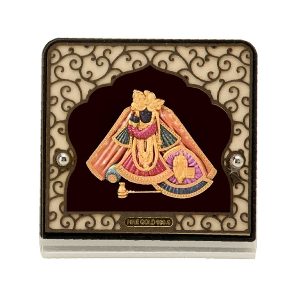 Decorative box with an banke bihari ji embroidered design on a white background