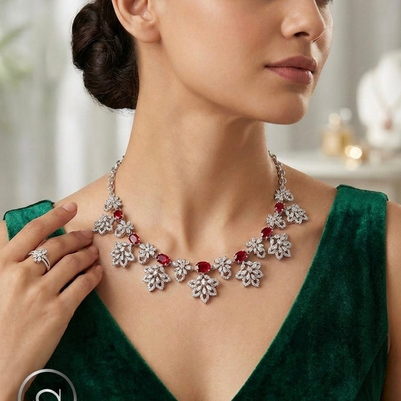 SHINING’s Celestia Ruby And American Brilliant Diamond Necklace With Earrings | 925 Sterling Silver