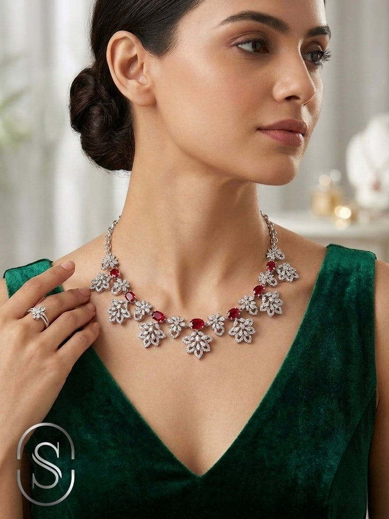 SHINING’s Celestia Ruby And American Brilliant Diamond Necklace With Earrings | 925 Sterling Silver