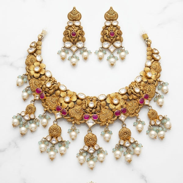 Silver Necklace In Gold Plating | 925 Pure Silver Necklace | Silver Antique Kundan Necklace