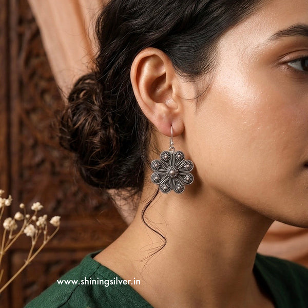 Antique Floral Silver Drops- 925 Oxidised Earrings