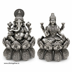 SHINING’s 925 Pure Silver Ganesh Lakshmi Solid Idol Pair | Oxidised Finish