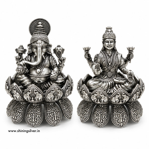 SHINING’s 925 Pure Silver Ganesh Lakshmi Solid Idol Pair | Oxidised Finish