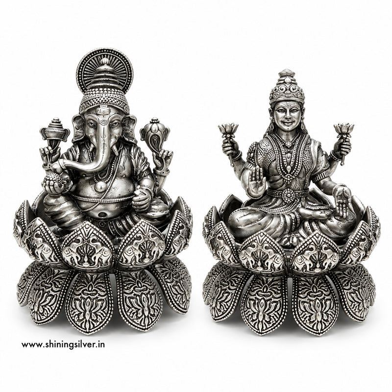 SHINING’s 925 Pure Silver Ganesh Lakshmi Solid Idol Pair | Oxidised Finish