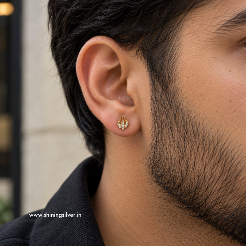 SHINING’s 925 Sterling Silver Shiv Trishul Gold Stud Earrings for Men