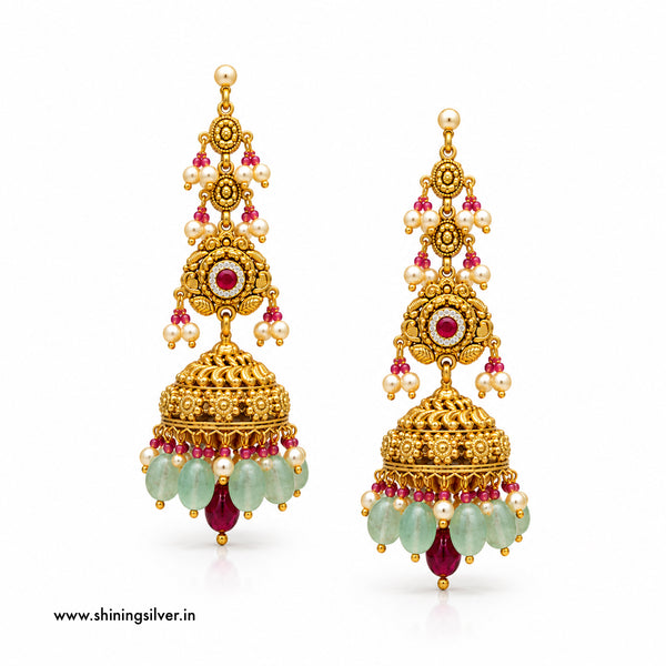 SHINING’s 925 Sterling Silver Gold-Plated Jhumke with Pearls and Green Beads