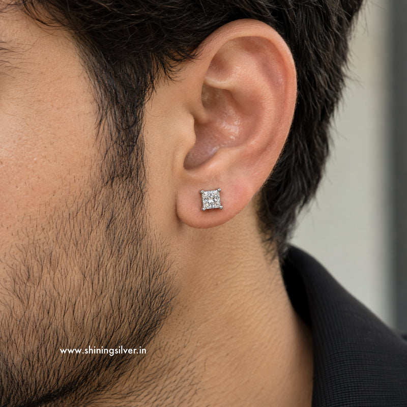 SHINING’s Princess Cut 925 Sterling Silver Moissanite Stud Earrings for Men