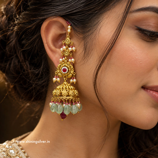 SHINING’s 925 Sterling Silver Gold-Plated Jhumke with Pearls and Green Beads