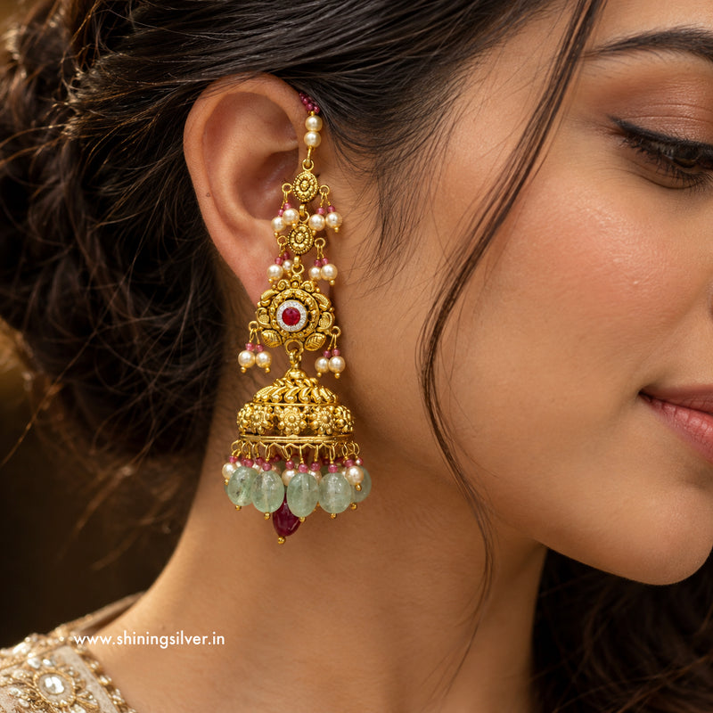SHINING’s 925 Sterling Silver Gold-Plated Jhumke with Pearls and Green Beads