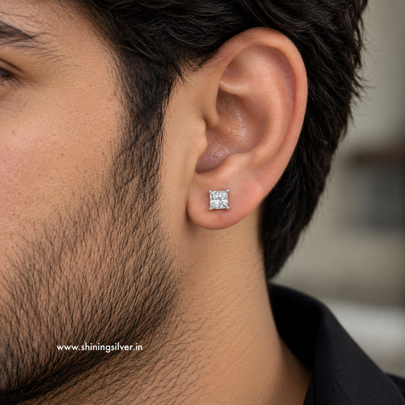 SHINING’s Princess Cut 925 Silver CZ Stud Earrings for Men