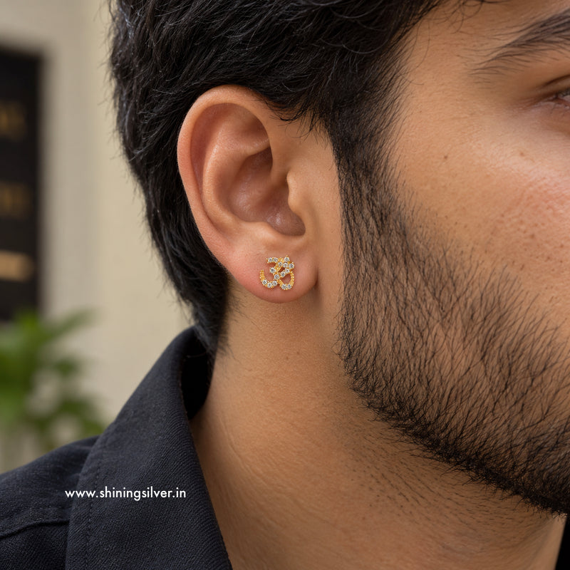 SHINING’s 925 Sterling Silver Om Stud Earrings for Men