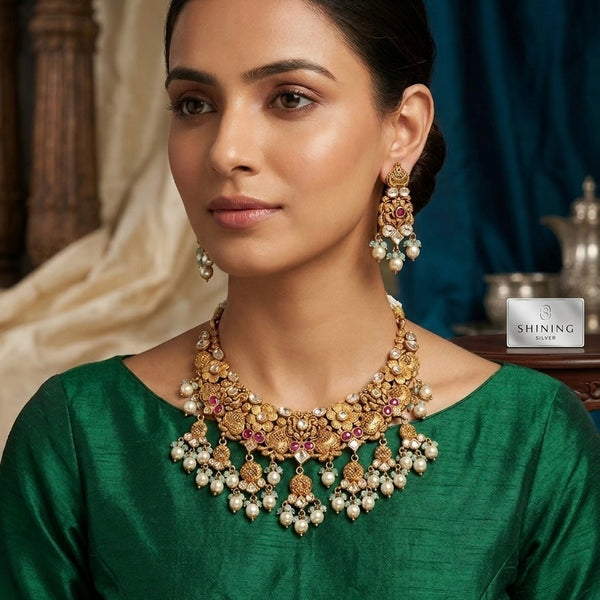 Silver Necklace In Gold Plating | 925 Pure Silver Necklace | Silver Antique Kundan Necklace