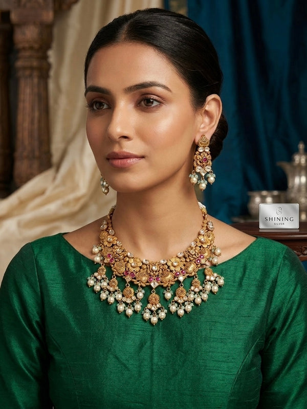 Silver Necklace In Gold Plating | 925 Pure Silver Necklace | Silver Antique Kundan Necklace