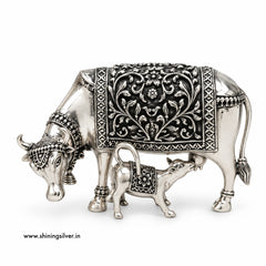 SHINING’s 925 Pure Silver Cow & Calf / Gaiya Bachda Solid Idol | Oxidised Finish