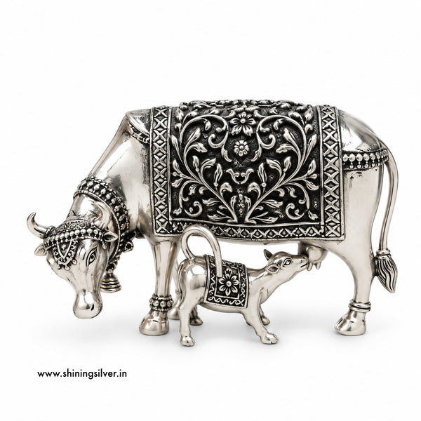 SHINING’s 925 Pure Silver Cow & Calf / Gaiya Bachda Solid Idol | Oxidised Finish