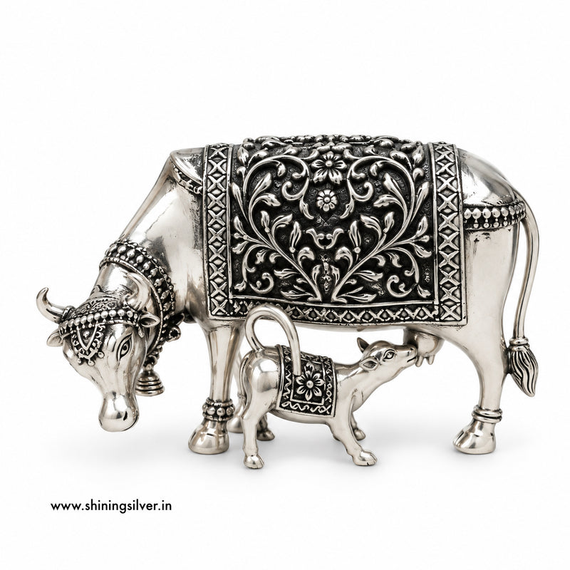 SHINING’s 925 Pure Silver Cow & Calf / Gaiya Bachda Solid Idol | Oxidised Finish