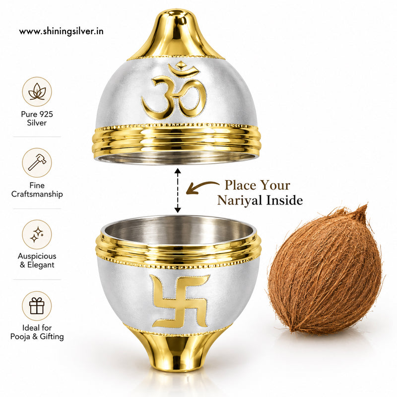 SHINING’s 925 Pure Silver Nariyal with Gold Finish | Wedding & Religious Gift for Groom