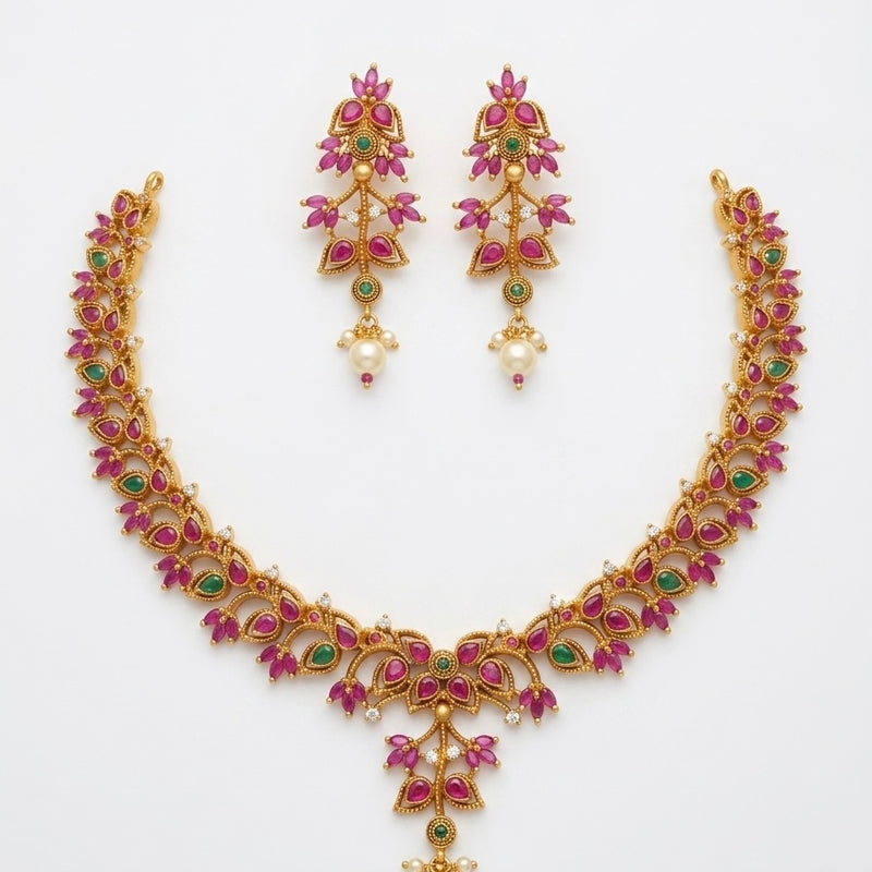 Antique Ruby Necklace in Gold Plating | 925 Pure Silver