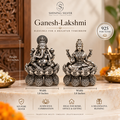 SHINING’s 925 Pure Silver Ganesh Lakshmi Solid Idol Pair | Oxidised Finish