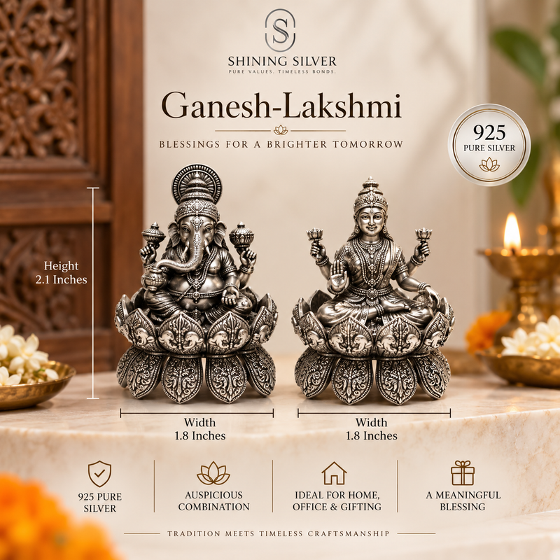 SHINING’s 925 Pure Silver Ganesh Lakshmi Solid Idol Pair | Oxidised Finish