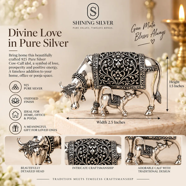 SHINING’s 925 Pure Silver Cow & Calf / Gaiya Bachda Solid Idol | Oxidised Finish