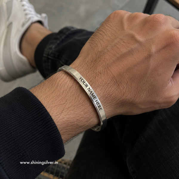 Customised 925 sterling silver kada for men with personalised name engraving on wrist